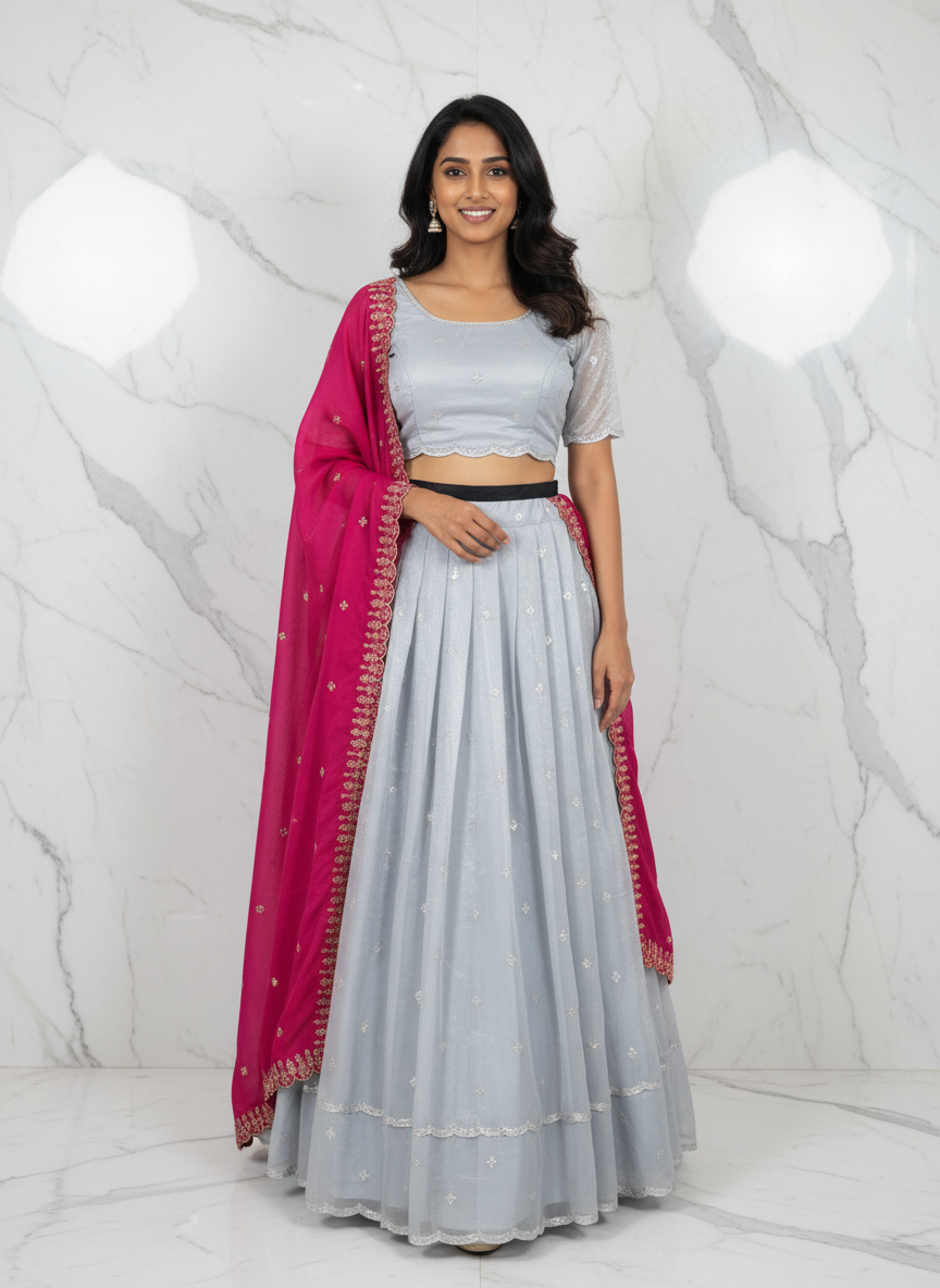 Light Grey with pink dupatta lehenga