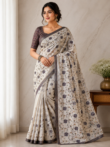 All over thread work cream color saree