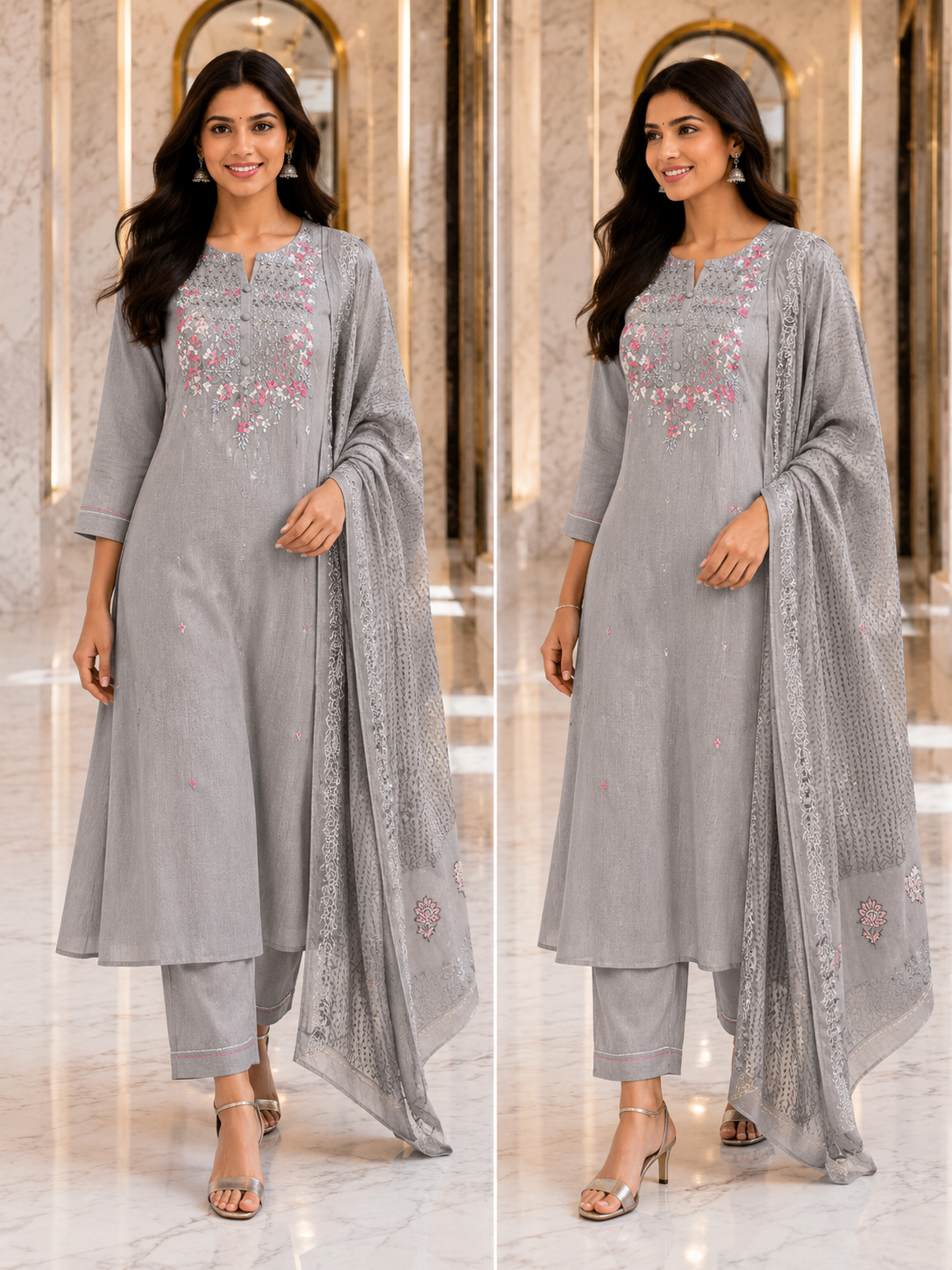 Ash Grey Color Vatican Kurta Set with Heavy Work At Yoke Part