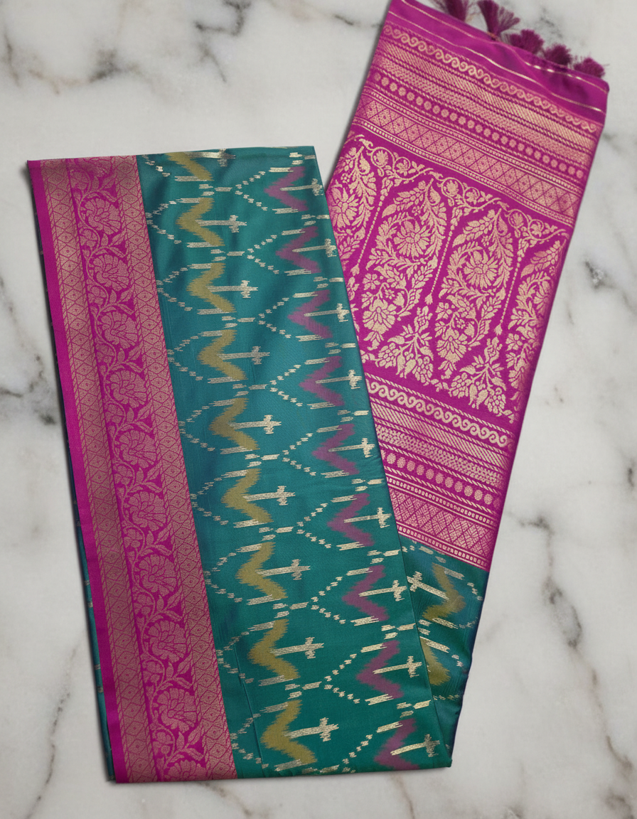 Semi patu saree with pink khaddi border