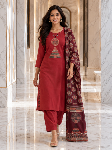 Pure Cotton Brown Kurta set with Real Mirror Work With Block Print