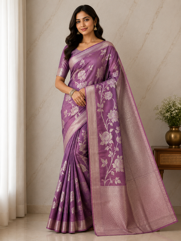 Purple color jamdhani work all over the saree with khadi border