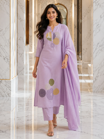 Pastel Lavender A-Line Kurta Set with Dupatta