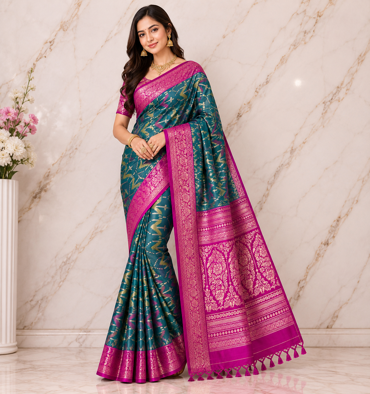 Semi patu saree with pink khaddi border