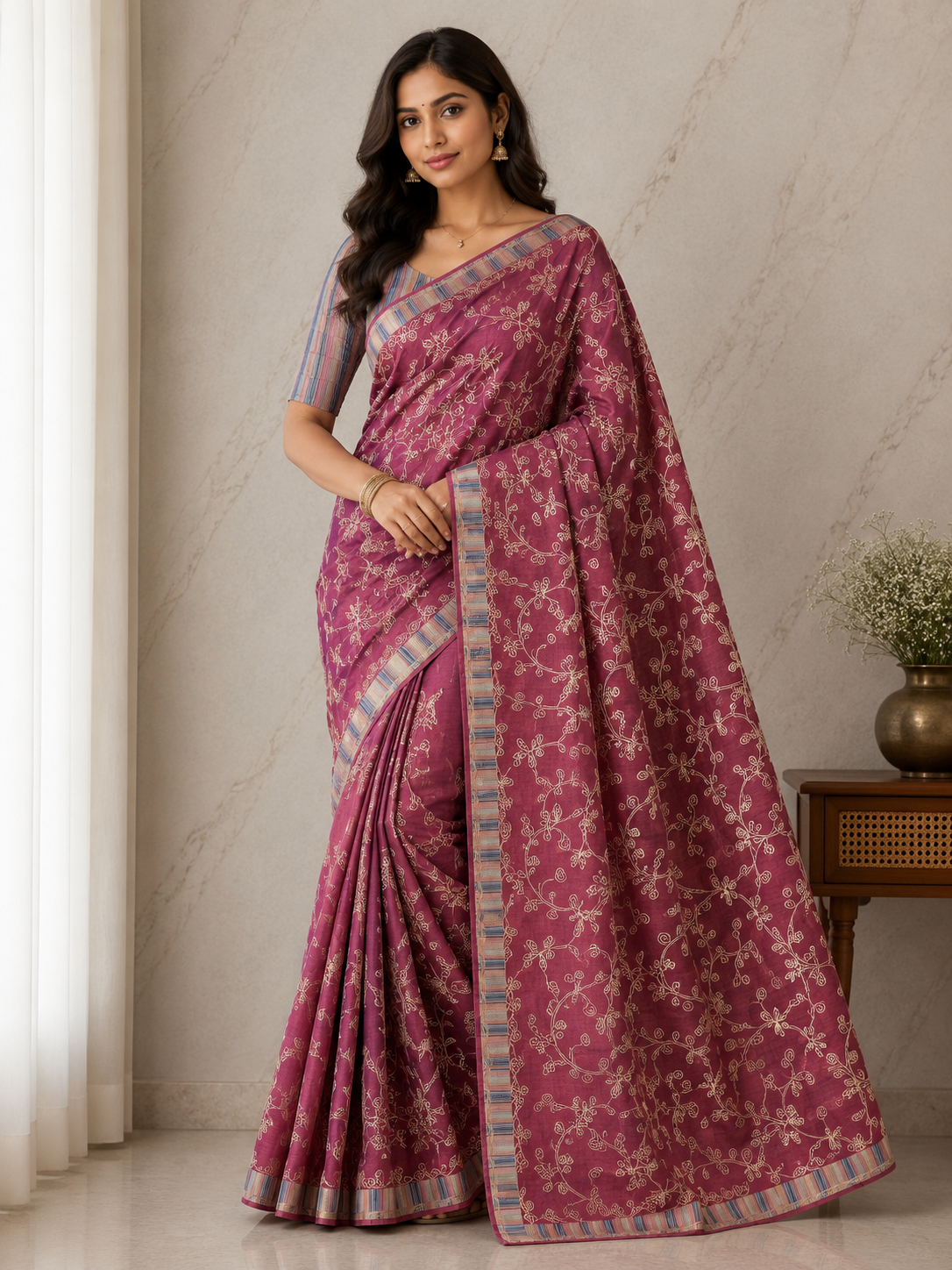 Red saree with all over thread work