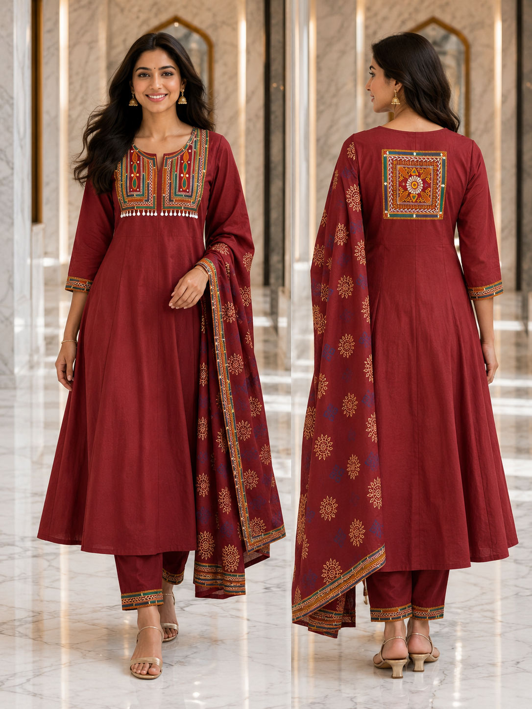 Pure Cotton Maroon ANARKALI  Set With Thread And Real Mirror Work At  Yoke part And Back