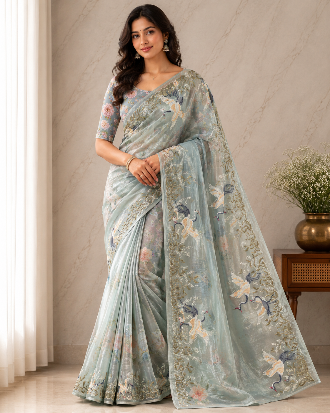 Very light green saree