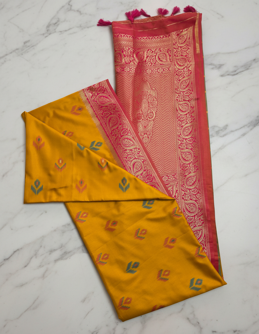 Semi patu saree with pink khaddi border